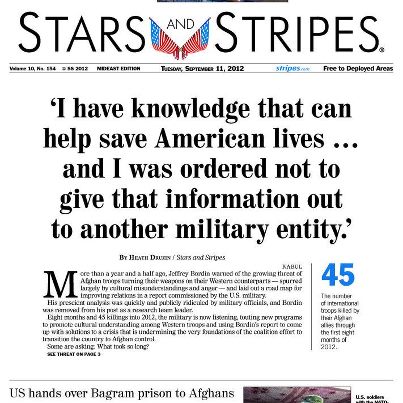Photo: Today's front page: Rejected and ridiculed report that predicted insider attacks in Afghanistan now key to helping US stop killings; US hands over Bagram prison to Afghans. More at www.stripes.com.