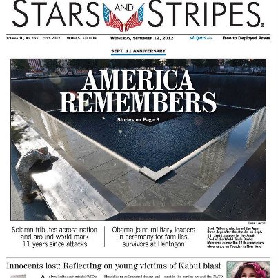 Photo: Today's front page: How the world remembered 9/11 on its 11th anniversary; Obama and military leaders lead 9/11 memorial ceremony at Pentagon; Stripes reporter Matt Millham reflects on children killed in a suicide bomb attack at NATO headquarters. More at www.stripes.com.