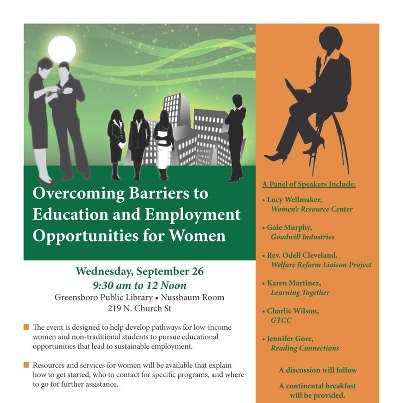 Photo: The City, in partnership with the YWCA of Greensboro, is sponsoring an education and resource fair titled "Overcoming Barriers to Education and Employment Opportunities for Women" on Wednesday, September 26 from 9:30 am to 12 Noon at the Greensboro Public Library, 219 N. Church St.