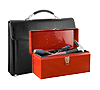 Illustration of a brown briefcase and a bright red toolbox.