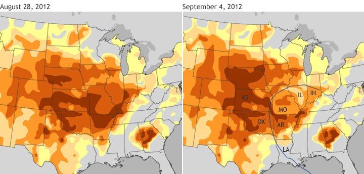 Photo: How much did Hurricane Isaac do to relieve the U.S. drought? Not as much as you might think ... http://1.usa.gov/TCbOGV 

*About the map image: A comparison of drought maps from August 28 (left) and September 4 (right) show how little relief Hurricane Isaac (track shown by blue line) brought to parched states in the central United States. A handful of states in the Lower Mississippi and Lower Ohio Valleys saw modest improvements. (Maps by NOAA Climate.gov team, based on U.S. Drought Monitor Data.)