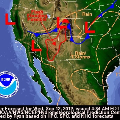 Photo: Monsoon Activity Continues Flash Flood Threat for Southwest, Cooler in Central U.S.

Heavy rain and strong winds are possible with several disturbances moving across the Southwest on Wednesday. Flash Flood Watches are in effect for portions of Colorado and Utah. Meanwhile, heavy snow is expected for the high peaks of Colorado, while temperatures will cool on Wednesday and Thursday across the Upper Midwest and central Plains with the passage of a cold front. Details...

http://go.usa.gov/RRX