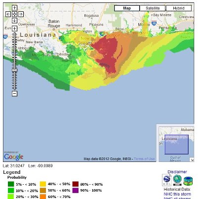 Photo: Heavy Rains, Flooding Affecting Florida East Coast, Significant Storm Surge Threat Expected for Northern Gulf Coast

Tropical Storm Isaac is producing heavy rain and flooding along the east coast of Florida, with additional accumulations of 1 to 3 inches possible over much of the Florida Peninsula on Monday. As Isaac approaches the northern Gulf Coast late Tuesday, there is a significant threat of storm surge and inland flooding, especially along the immediate coast in areas of onshore flow, and in combination with high tide. Details...

http://www.nhc.noaa.gov/#ISAAC

The map below shows the probability of storm surge of 2 feet or greater. More surge maps available at the link above.

Stay tuned to NOAA Weather Radio, your local NWS forecast office and local news media for impacts affecting your area.