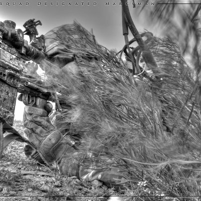 Photo: SQUAD-DESIGNATED MARKSMAN -- Troop C, 3rd Squadron, 73rd Cavalry Regiment, near Combat Outpost Giro.  (1/82 PAO HDR Photo Illustration)