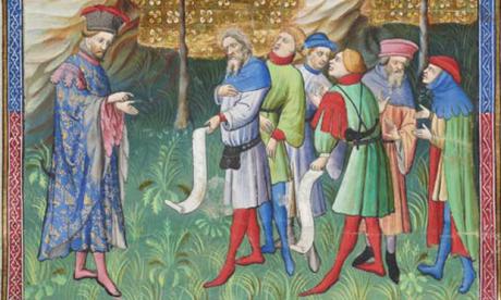 Medieval color illumination: a master Huntsman trains a class of 6 men