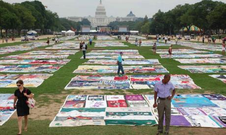 View of the National Mall with AIDS quilt panels displayed 