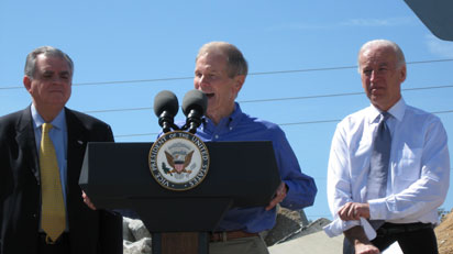 U.S. Sen. Bill Nelson, center, who has worried Florida isn't using stimulus money fast enough, went to see first-hand with Vice President Biden, right, and federal Transportation Secretary Ray LaHood, progress on U.S. 27 widening in Clermont, Fla.
			Photo by: Staff