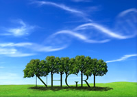 Letters of N H G R I in shape of trees and a DNA double-helix shaped cloud
