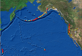 map of world showing icons for U.S. volcanoes by threat level