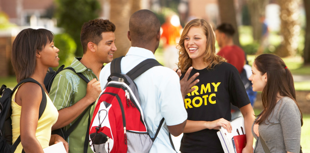 ROTC Cadets talking to friends on campus