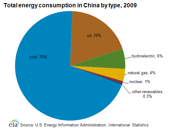 Pie chart showing total energy consumption in China by type for 2009