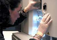 Researcher monitoring a sequencing machine