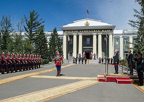 Secretary of the Navy (SECNAV) Ray Mabus receives honors from the Mongolian Armed Forces at the Mongolian Ministry of Defense in Ulaanbaatar, Mongolia. Mabus visited Mongolia to observe multi-lateral training exercises and to meet with senior U.S. and Mongolian government and military officials to discuss strengthening bi-lateral partnerships and global peacekeeping operations.  U.S. Navy photo by Chief Mass Communication Specialist Sam Shavers (Released)  120821-N-AC887-002