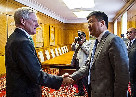 Secretary of the Navy (SECNAV) Ray Mabus meets with Mongolia's Vice Speaker of Parliament Bayarsogt at the Mongolian Government House in Ulaanbaatar, Mongolia. Mabus visited Mongolia to observe multi-lateral training exercises and to meet with senior U.S. and Mongolian government and military officials to discuss strengthening bi-lateral partnerships and global peacekeeping operations.  U.S. Navy photo by Chief Mass Communication Specialist Sam Shavers (Released)  120821-N-AC887-009