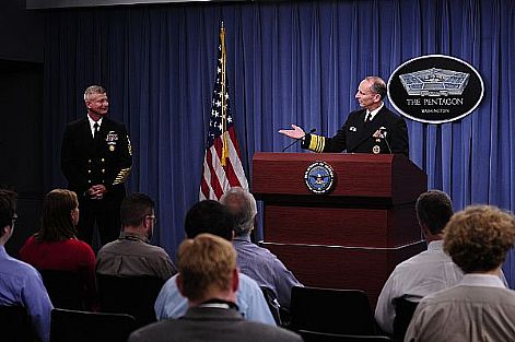 Chief of Naval Operations (CNO) Adm. Jonathan Greenert invites Master Chief Petty Officer of the Navy (MCPON) Rick West up on stage to thank him for his service during a press conference after announcing West will retire this year. During the press conference Greenert announced the next MCPON will be Fleet Master Chief Michael D. Stevens, who will relieve West as the 13th MCPON later this year.  U.S. Navy photo by Mass Communication Specialist 1st Class Peter D. Lawlor (Released)  120627-N-WL435-056