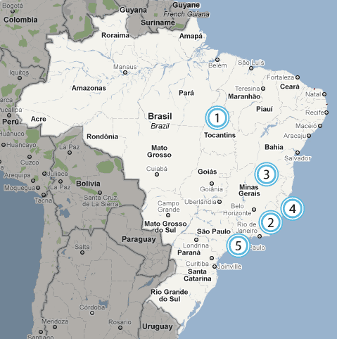 Map of Brazil with numbers set at Tocantins (1), Rio de Janeiro (2), Minas Gerais (3), Campos Basin (4), and Santos Basin (5) corresponding with the success stories on this page