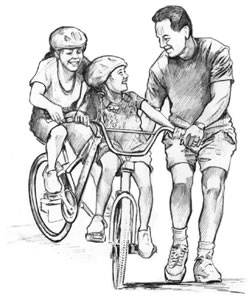 Ilustración de una niña con una mujer montando en bicicleta. La niña y la mujer usan cascos de bicicleta. Un hombre esta corriendo junto a la bicicleta de la niña mientras sostiene la bicicleta. El hombre y la niña se están sonriendo.