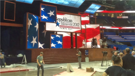 The stage and electronic backdrop for the Republican National Convention in the Tampa Bay Times Forum.