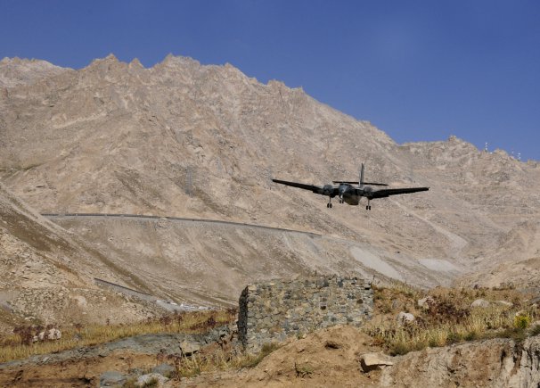 A DCH-4 Caribou aircraft approaches the drop zone near the Salang tunnel, Afghanistan, Aug. 26, 2012, to deliver supplies to Soldiers in the area. The aerial delivery mission was the first one ever conducted at the Salang Pass. The success of the mission proves that 10th Sustainment Brigade can resupply Soldiers with what they need just about anywhere.