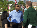 Acting Associate Attorney General Tony West and Assistant Attorney General for the Environment and Natural Resources Division Ignacia S. Moreno speak with Washington Parks & People Director Steve Coleman at the Earth Day Service Celebration.