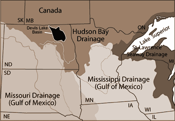 Map of the interior of North America illustrating the continental divides and major drainage basins of the area.