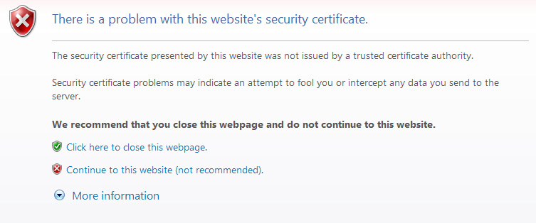 Internet Explorer warning screen for Dept. of Defense security certificates