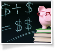 This is an image of a piggy bank with glasses, sitting on top of a stack of books, in front of a blackboard with financial symbols written on it.