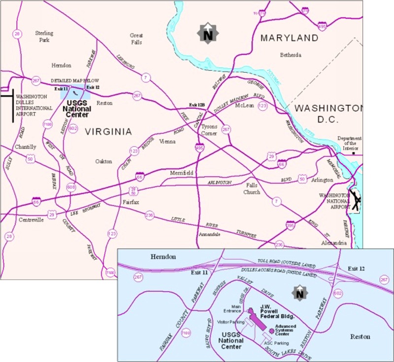 Overview map of location of USGS and zoomed-in map for directions