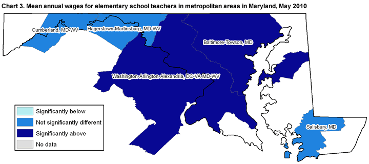 Chart 3. Mean annual wages for elementary school teachers in metropolitan areas in Virginia, May 2010