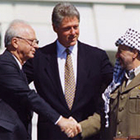 Israel Leader Yitzhak Rabin, PLO Leader Yasser Arafat, and U.S. President William J. Clinton