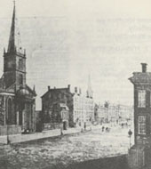 A view of Broadway showing Trinity Church. When the Department became the Department of State, it occupied a building across Broadway from the Churchyard.