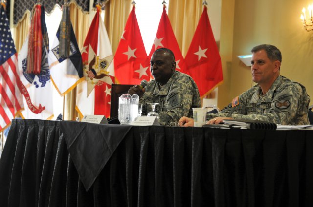 The Vice Chief of Staff of the Army, Gen. Lloyd J. Austin III (left),
answers a question from a commander of Fort Bragg about suicide prevention during his visit as part of conducting a Health of the Force assessment at the Fort Bragg Club July 23, 2012. Gen. Austin, along with Lt. Gen. Michael Ferriter, commander (right), U.S. Army Installation Management Command, and assistant chief of staff for installation management, as well as his counterparts, are looking at programs, services, resources and best practices pertaining to the health of the force. The week-long trip, Gen. Austin said, is an effort to see firsthand the impact of Army best practices, and to also see where the Army may need to apply more resources or affect policy changes.