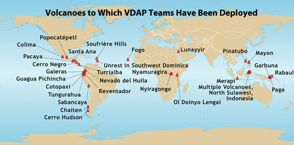 map with triangles showing where VDAP has worked from 1987-2009 Fogo (Cape Verde Islands), Nyiragongo and Nyamuragira, (D.R.O. Congo), Merapi (Indonesia), Mount Pinatubo (Philippines), Mayon (Philippines), Rabaul Caldera (Papua New Guinea), Popocatapetl (Mexico), Colima (Mexico), Pacaya (Guatemala), Cerro Negro (Nicaragua), Turrialba (Costa Rica), Guagua Pichincha (Ecuador), Tungurahua (Ecuador), Hudson (Chile), Sabancaya (Peru), Galeras (Colombia), Huila (Colombia), Unrest in SW Dominica, and Soufriere Hills (Montserrat)