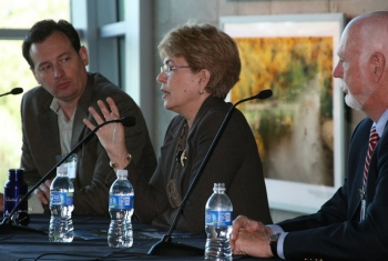 ABC correspondent and town hall moderator Clayton Sandell, Lubchenco and Jim Crocker, Trustee, Denver Museum of Nature and Science