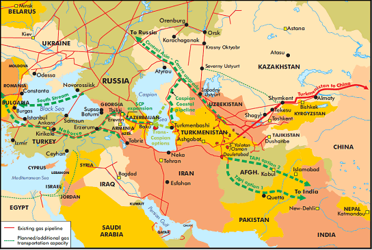 Existing and planned natural gas pipelines.