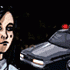 A cartoon image of a young woman and a police car