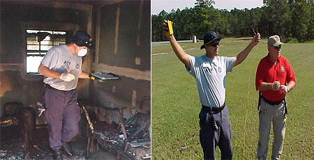 A collage showing one agent sifting through debris from a fire and another pair of agents preparing an explosives demonstration.