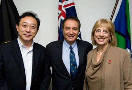 Dr. Susan Shurin with Dr. Xuetao Cao (left) and Dr. Abdallah Daar (center) at the GACD meeting in Canberra, Australia. Photo credit NHMRC.