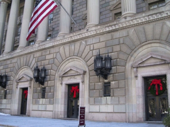 Commerce headquarters with holiday wreaths