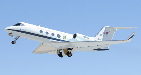 The landing gear of NASA Dryden’s Gulfstream G-III aerodynamics research test bed aircraft, tail number 804, retracts after liftoff from Edwards Air Force Base. The aircraft flew a functional check flight on June 26, the first time it's flown in about two years.