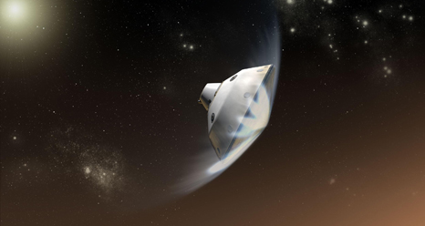 This artist's concept depicts the interaction of NASA's Mars Science Laboratory spacecraft with the upper atmosphere of Mars during entry, descent and landing. A suite of sensors inside the heat shield will collect valuable data about high-speed, high-temperature (hypersonic) flight during Curiosity