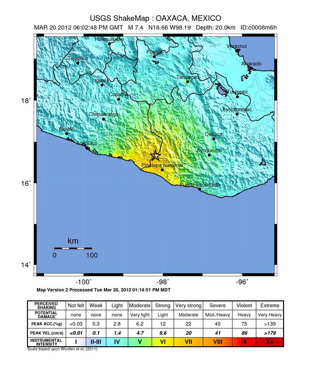 The ShakeMap showing shaking intensities for the March 20 earthquake