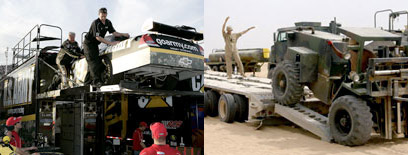 #39 U.S. Army Chevy Impala being unloaded from the hauler and U.S. Army equipment being unloaded from a HETS