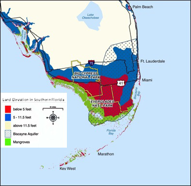 Map of southern Florida that shows the Biscayne Aquifer and mangroves with the land elevation. A significant portion of the region is below 5 feet and an even larger portion of the land is between 5 and 11.5 feet above sea level.