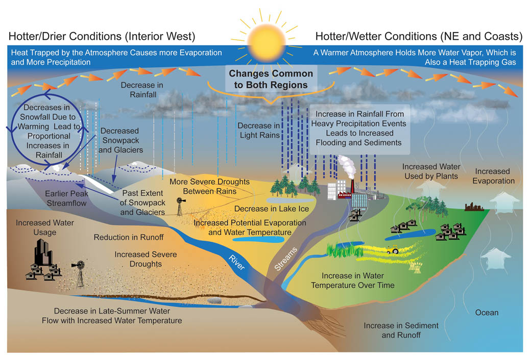 Diagram of a landscape that shows changes in the water cycle for both hotter/drier conditions (in the interior west) and hotter/wetter conditions (in the Northeast and the coasts). Heat trapped by the atmosphere causes more evaporation and more precipitation. A warmer atmosphere holds more water vapor, which is also a heat trapping gas. The diagram highlights several conditions, including: decrease in rainfall, decreased extent of snowpack and glaciers, earlier peak streamflow, and a reduction of runoff. It also shows a cycle of decreases in snowfall due to warming lead to proportional increases in rainfall. The combination of decreased late-summer water flow with increased water temperature and increased water usage would lead to increased severe droughts. Additional changes include: decrease in light rains, more severe droughts between rains, decrease in lake ice, increase potential evaporation and water temperature. Also, an increase in rainfall from heavy precipitation events leads to increased flooding and sediments, and ultimately an increase in runoff. Available water would be further reduced by increased water used by plants and increased evaporation. Overall - increased temperatures will cause many cascading changes to the water cycle.