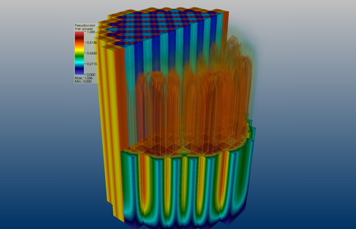 CASL will support supercomputer research such as this simulation of a Westinghouse PWR900 pressurized water reactor core. Visualization by Tom Evans, ORNL