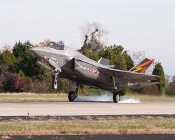 The F-35 lands at Patuxent River Naval Air Station, Maryland.