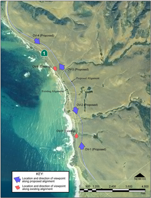 Hybrid aerial photograph and map that shows the existing Highway One route along the coast with two viewpoints. A second set of arrows along an inland route that is labeled 