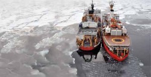 The Canadian Coast Guard Ship Louis S. St-Laurent ties up to the Coast Guard Cutter Healy in the Arctic Ocean Sept. 5, 2009.