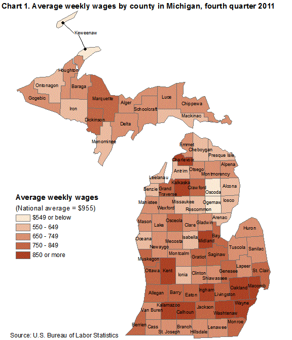 Chart 1. Average weekly wages by county in Michigan, fourth quarter 2011